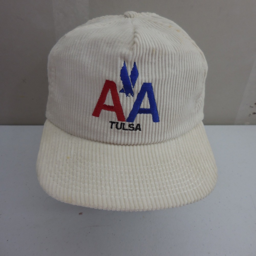 Vintage American Airlines Tulsa Corduroy Snapback Hat White AA Logo Made in USA